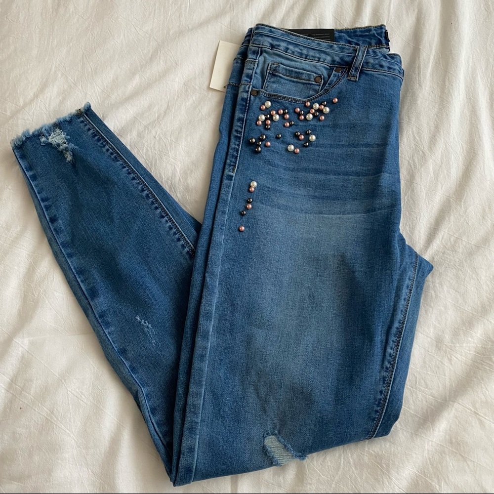 Lala Anthony collection Faux Pearl-Accented Distressed Skinny Jeans size 14 / 33 - Picture 6 of 6